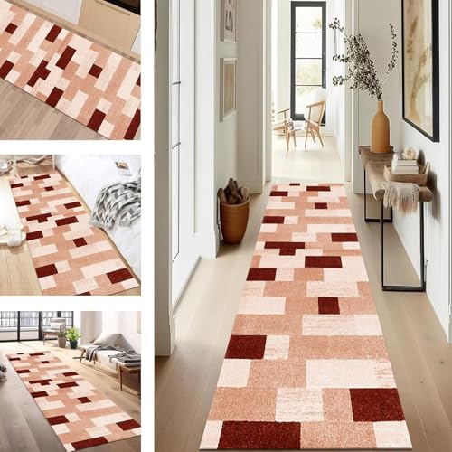 SUCERU Teppich Läufer Flur Küche rutschfest Waschbar Schmutzfangläufer Dauerhaft 90X100CM Orange Rot Braun Korridor Teppichläufer Flurteppich für Wohnzimmer Schlafzimmer Büro Esszimmer Küchenläufer von SUCERU