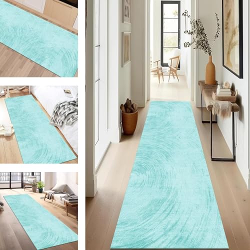 SUCERU Teppich Läufer Flur Küche rutschfest Waschbar Schmutzfangläufer Dauerhaft 90X180CM Cyan Korridor Teppichläufer Flurteppich für Wohnzimmer Schlafzimmer Büro Esszimmer Küchenläufer von SUCERU