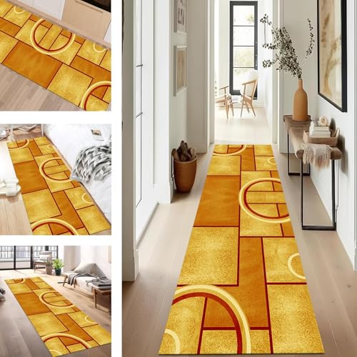 SUCERU Teppich Läufer Flur Küche rutschfest Waschbar Schmutzfangläufer Dauerhaft 90X500CM Orange Gelb Rot Korridor Teppichläufer Flurteppich für Wohnzimmer Schlafzimmer Büro Esszimmer Küchenläufer von SUCERU