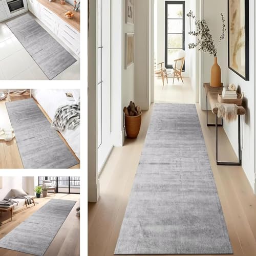 SUCERU Teppich Läufer Flur Lang küchenteppich waschbar rutschfest Grau Weiß Outdoor Teppich 80X350CM Polyester Dauerhaft für Wohnzimmer Schlafzimmer Büro Esszimmer Anpassbar Teppichläufer Meterware von SUCERU