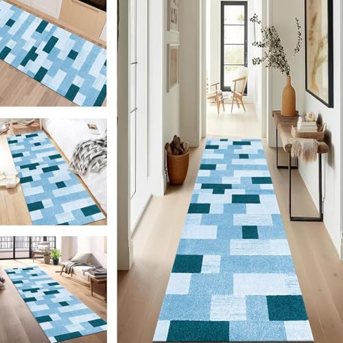 SUCERU Teppich Läufer Flur rutschfest Waschbar Schmutzfangmatte Teppichmatten Blau Cyan Korridor Teppichläufer Küchen 70X500CM Flurteppich Wohnzimmer Schlafzimmer Schmutzfangküchenläufer von SUCERU