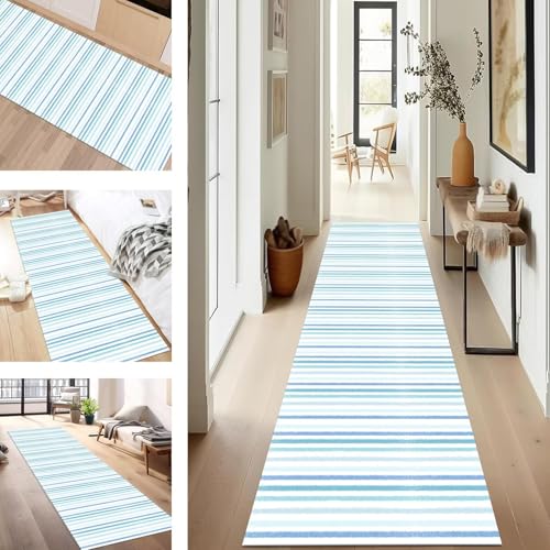 SUCERU Teppich Läufer Flur rutschfest Waschbar Schmutzfangmatte Teppichmatten Blau Cyan Weiß Korridor Teppichläufer Küchen 80X450CM Flurteppich Wohnzimmer Schlafzimmer Schmutzfangküchenläufer von SUCERU