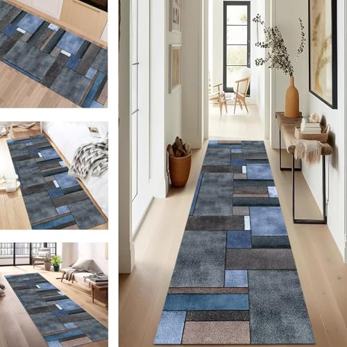 SUCERU Teppich Läufer Flur rutschfest Waschbar Schmutzfangmatte Teppichmatten Blau Grau Korridor Teppichläufer Küchen 100X100CM Flurteppich Wohnzimmer Schlafzimmer Schmutzfangküchenläufer von SUCERU
