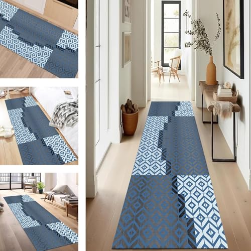 SUCERU Teppich Läufer Flur rutschfest Waschbar Schmutzfangmatte Teppichmatten Blau Grau Schwarz Korridor Teppichläufer Küchen 100X250CM Flurteppich Wohnzimmer Schlafzimmer Schmutzfangküchenläufer von SUCERU
