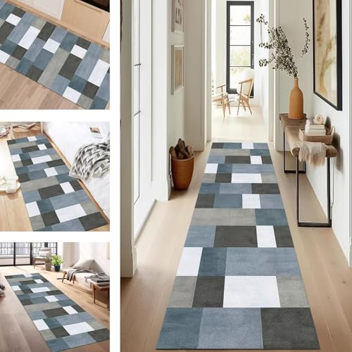 SUCERU Teppich Läufer Flur rutschfest Waschbar Schmutzfangmatte Teppichmatten Blau Grau Weiß Korridor Teppichläufer Küchen 100X400CM Flurteppich Wohnzimmer Schlafzimmer Schmutzfangküchenläufer von SUCERU