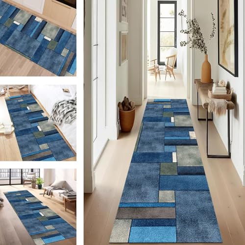 SUCERU Teppich Läufer Flur rutschfest Waschbar Schmutzfangmatte Teppichmatten Blau Grün Korridor Teppichläufer Küchen 70X240CM Flurteppich Wohnzimmer Schlafzimmer Esszimmer Schmutzfangküchenläufer von SUCERU