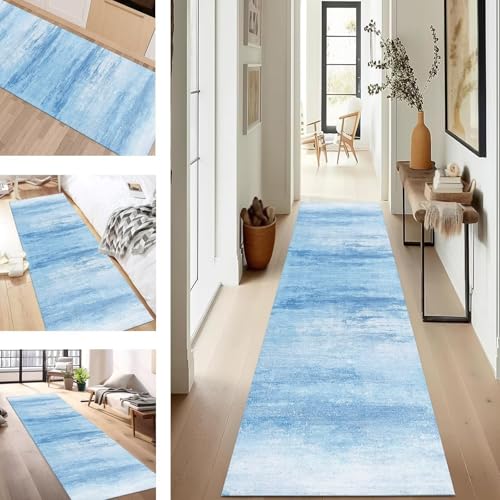 SUCERU Teppich Läufer Flur rutschfest Waschbar Schmutzfangmatte Teppichmatten Blau Korridor Teppichläufer Küchen 40X180CM Flurteppich Wohnzimmer Schlafzimmer Schmutzfangküchenläufer von SUCERU