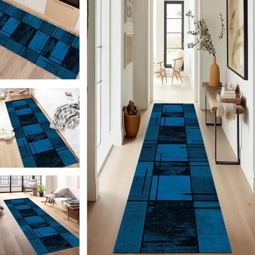 SUCERU Teppich Läufer Flur rutschfest Waschbar Schmutzfangmatte Teppichmatten Blau Schwarz Korridor Teppichläufer Küchen 50X90CM Flurteppich Wohnzimmer Schlafzimmer Schmutzfangküchenläufer von SUCERU