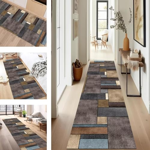 SUCERU Teppich Läufer Flur rutschfest Waschbar Schmutzfangmatte Teppichmatten Braun Grau Korridor Teppichläufer Küchen 120X500CM Flurteppich Wohnzimmer Schlafzimmer Esszimmer Schmutzfangküchenläufer von SUCERU