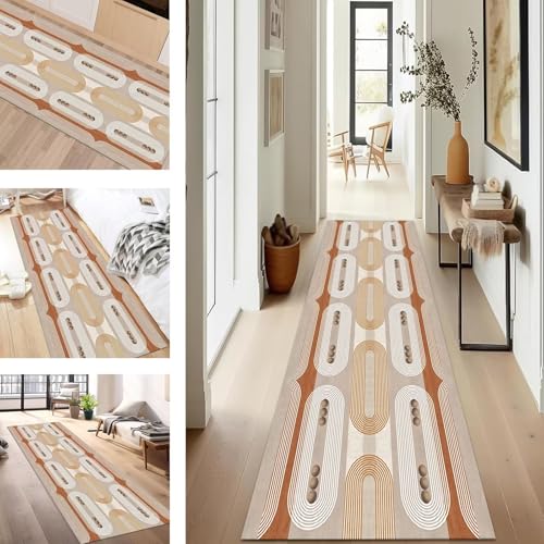 SUCERU Teppich Läufer Flur rutschfest Waschbar Schmutzfangmatte Teppichmatten Braun Orange-Rot Korridor Teppichläufer Küchen 110X200CM Flurteppich Wohnzimmer Schlafzimmer Schmutzfangküchenläufer von SUCERU