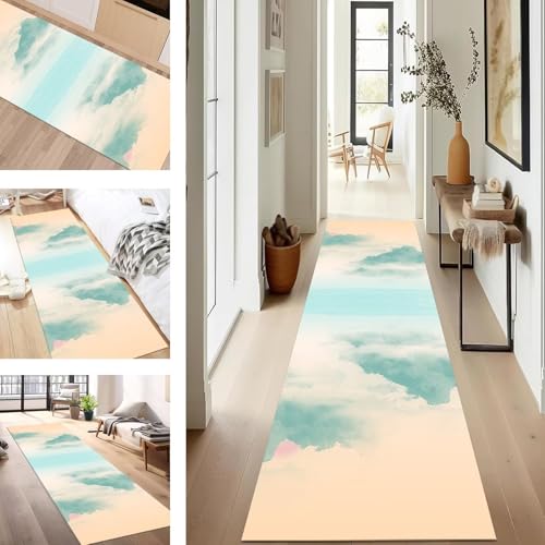 SUCERU Teppich Läufer Flur rutschfest Waschbar Schmutzfangmatte Teppichmatten Cyan Grün Orange Korridor Teppichläufer Küchen 80X400CM Flurteppich Wohnzimmer Schlafzimmer Schmutzfangküchenläufer von SUCERU