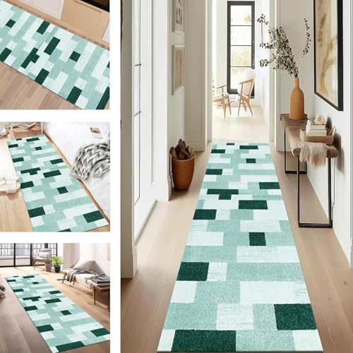 SUCERU Teppich Läufer Flur rutschfest Waschbar Schmutzfangmatte Teppichmatten Cyan Korridor Teppichläufer Küchen 120X400CM Flurteppich Wohnzimmer Schlafzimmer Schmutzfangküchenläufer von SUCERU