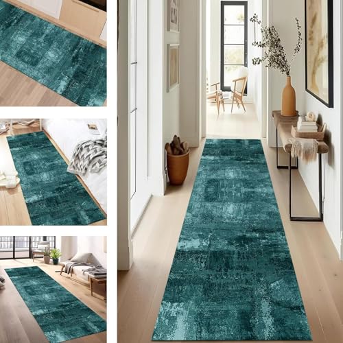 SUCERU Teppich Läufer Flur rutschfest Waschbar Schmutzfangmatte Teppichmatten Cyan Korridor Teppichläufer Küchen 80X500CM Flurteppich Wohnzimmer Schlafzimmer Esszimmer Schmutzfangküchenläufer von SUCERU