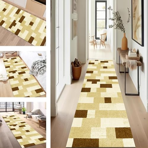 SUCERU Teppich Läufer Flur rutschfest Waschbar Schmutzfangmatte Teppichmatten Gelb Braun Korridor Teppichläufer Küchen 50X90CM Flurteppich Wohnzimmer Schlafzimmer Schmutzfangküchenläufer von SUCERU