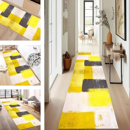 SUCERU Teppich Läufer Flur rutschfest Waschbar Schmutzfangmatte Teppichmatten Gelb Grau Korridor Teppichläufer Küchen 50X90CM Flurteppich Wohnzimmer Schlafzimmer Schmutzfangküchenläufer von SUCERU