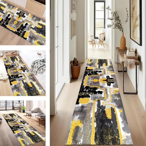 SUCERU Teppich Läufer Flur rutschfest Waschbar Schmutzfangmatte Teppichmatten Gelb Schwarz Grau Korridor Teppichläufer Küchen 60X240CM Flurteppich Wohnzimmer Schlafzimmer Schmutzfangküchenläufer von SUCERU