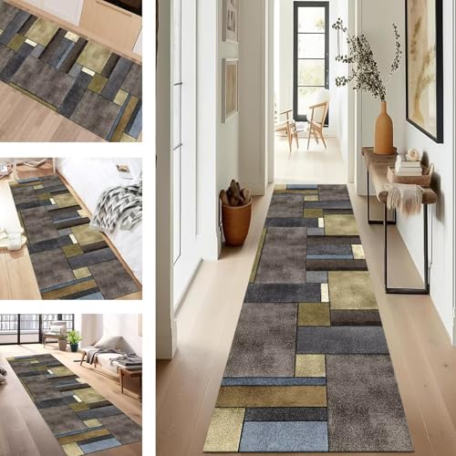 SUCERU Teppich Läufer Flur rutschfest Waschbar Schmutzfangmatte Teppichmatten Grau Blau Korridor Teppichläufer Küchen 40X60CM Flurteppich Wohnzimmer Schlafzimmer Esszimmer Schmutzfangküchenläufer von SUCERU