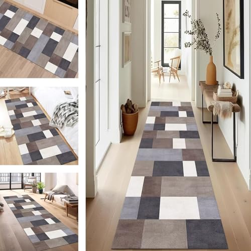 SUCERU Teppich Läufer Flur rutschfest Waschbar Schmutzfangmatte Teppichmatten Grau Schwarz Braun Korridor Teppichläufer Küchen 80X500CM Flurteppich Wohnzimmer Schlafzimmer Schmutzfangküchenläufer von SUCERU