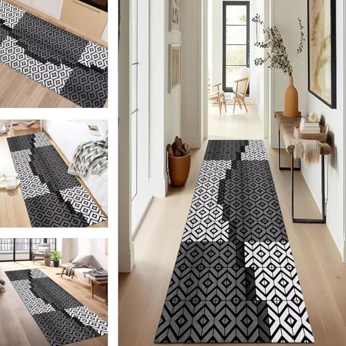 SUCERU Teppich Läufer Flur rutschfest Waschbar Schmutzfangmatte Teppichmatten Grau Schwarz Korridor Teppichläufer Küchen 50X240CM Flurteppich Wohnzimmer Schlafzimmer Schmutzfangküchenläufer von SUCERU