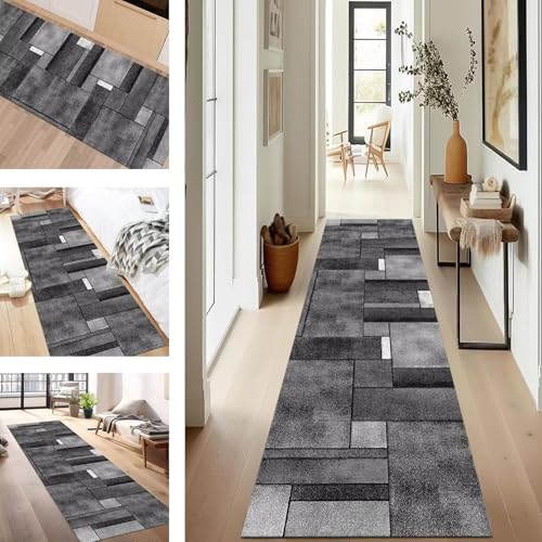 SUCERU Teppich Läufer Flur rutschfest Waschbar Schmutzfangmatte Teppichmatten Grau Schwarz Korridor Teppichläufer Küchen 90X250CM Flurteppich Wohnzimmer Schlafzimmer Esszimmer Schmutzfangküchenläufer von SUCERU