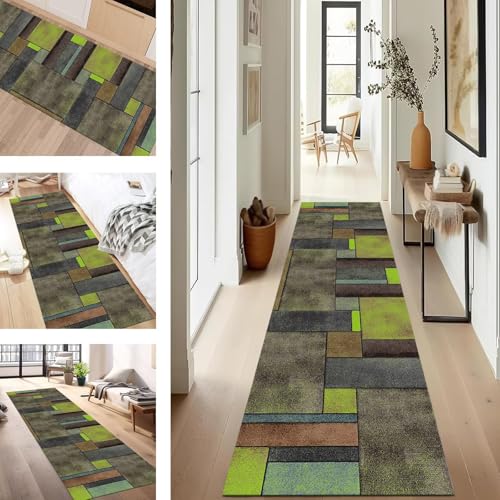 SUCERU Teppich Läufer Flur rutschfest Waschbar Schmutzfangmatte Teppichmatten Grün Grau Korridor Teppichläufer Küchen 50X120CM Flurteppich Wohnzimmer Schlafzimmer Esszimmer Schmutzfangküchenläufer von SUCERU