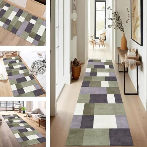 SUCERU Teppich Läufer Flur rutschfest Waschbar Schmutzfangmatte Teppichmatten Grün Grau Korridor Teppichläufer Küchen 80X500CM Flurteppich Wohnzimmer Schlafzimmer Schmutzfangküchenläufer von SUCERU