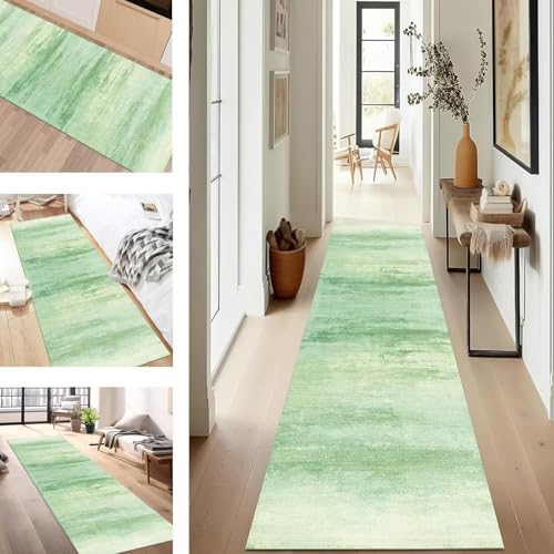 SUCERU Teppich Läufer Flur rutschfest Waschbar Schmutzfangmatte Teppichmatten Grün Korridor Teppichläufer Küchen 70X350CM Flurteppich Wohnzimmer Schlafzimmer Schmutzfangküchenläufer von SUCERU