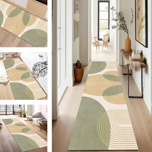 SUCERU Teppich Läufer Flur rutschfest Waschbar Schmutzfangmatte Teppichmatten Grün Orange Korridor Teppichläufer Küchen 60X240CM Flurteppich Wohnzimmer Schlafzimmer Esszimmer Schmutzfangküchenläufer von SUCERU