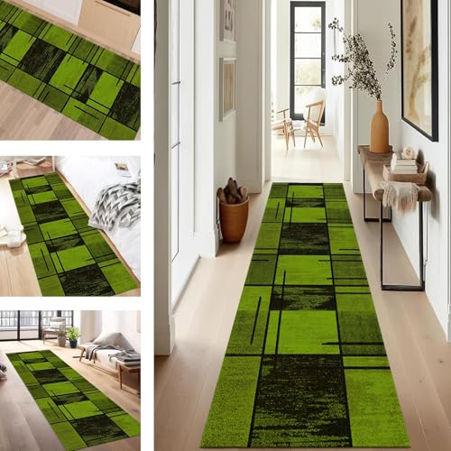 SUCERU Teppich Läufer Flur rutschfest Waschbar Schmutzfangmatte Teppichmatten Grün Schwarz Korridor Teppichläufer Küchen 100X400CM Flurteppich Wohnzimmer Schlafzimmer Schmutzfangküchenläufer von SUCERU