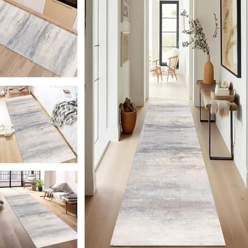 SUCERU Teppich Läufer Flur rutschfest Waschbar Schmutzfangmatte Teppichmatten Hellbraun Grau Korridor Teppichläufer Küchen 50X400CM Flurteppich Wohnzimmer Schlafzimmer Schmutzfangküchenläufer von SUCERU