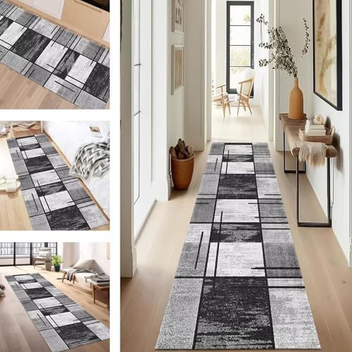 SUCERU Teppich Läufer Flur rutschfest Waschbar Schmutzfangmatte Teppichmatten Hellgrau Schwarz Korridor Teppichläufer Küchen 100X100CM Flurteppich Wohnzimmer Schlafzimmer Schmutzfangküchenläufer von SUCERU