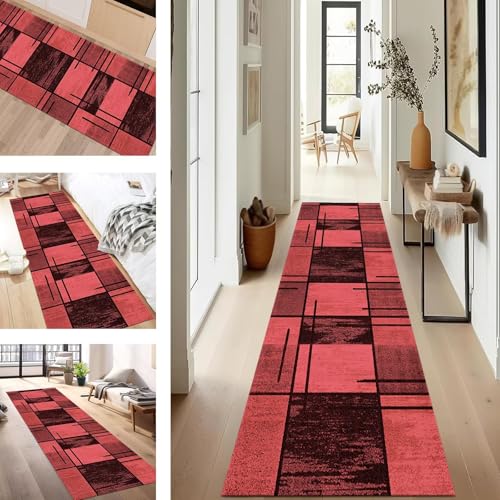 SUCERU Teppich Läufer Flur rutschfest Waschbar Schmutzfangmatte Teppichmatten Hellrot Schwarz Korridor Teppichläufer Küchen 40X60CM Flurteppich Wohnzimmer Schlafzimmer Schmutzfangküchenläufer von SUCERU