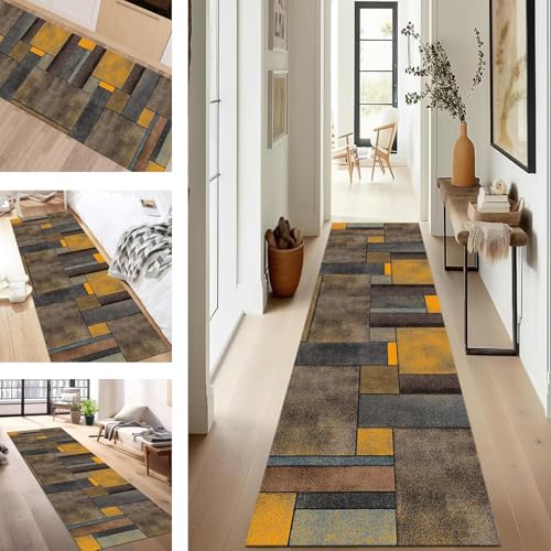 SUCERU Teppich Läufer Flur rutschfest Waschbar Schmutzfangmatte Teppichmatten Orange Grau Korridor Teppichläufer Küchen 110X200CM Flurteppich Wohnzimmer Schlafzimmer Esszimmer Schmutzfangküchenläufer von SUCERU