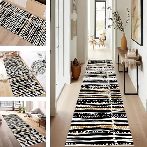 SUCERU Teppich Läufer Flur rutschfest Waschbar Schmutzfangmatte Teppichmatten Schwarz Weiß Orange Korridor Teppichläufer Küchen 80X200CM Flurteppich Wohnzimmer Schlafzimmer Schmutzfangküchenläufer von SUCERU