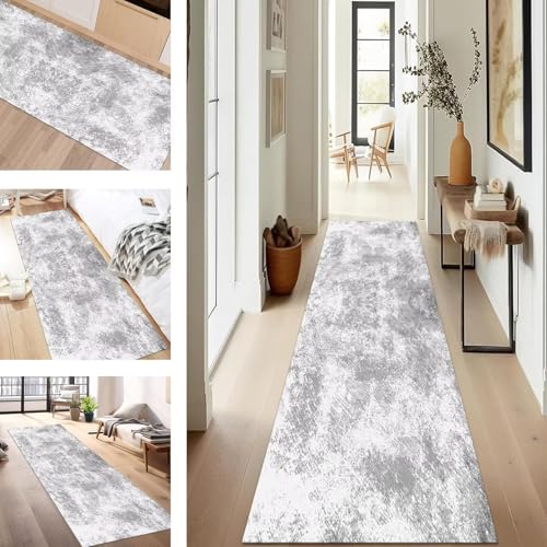 SUCERU Teppich Läufer Flur rutschfest Waschbar Schmutzfangmatte Teppichmatten Weiß Grau Korridor Teppichläufer Küchen 60X500CM Flurteppich Wohnzimmer Schlafzimmer Schmutzfangküchenläufer von SUCERU