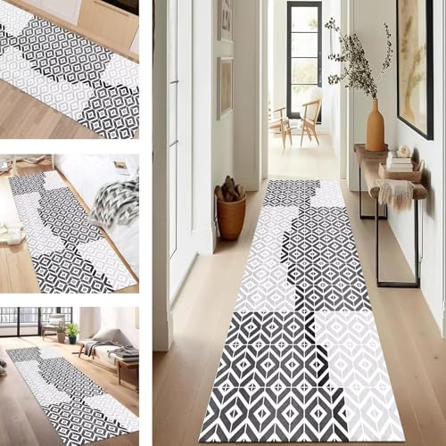 SUCERU Teppich Läufer Flur rutschfest Waschbar Schmutzfangmatte Teppichmatten Weiß Grau Schwarz Korridor Teppichläufer Küchen 50X300CM Flurteppich Wohnzimmer Schlafzimmer Schmutzfangküchenläufer von SUCERU