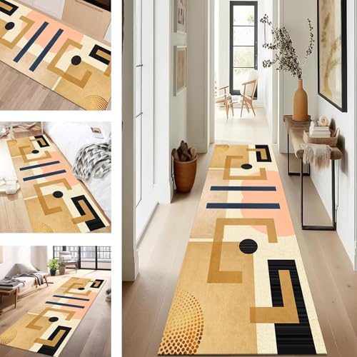 Teppich Läufer Flur Diele Küche Rutschfest Waschbar Dauerhaft 110X500CM Braun Gelb Rosa Abstrakt Teppichläufer für Wohnzimmer Korridor Schlafzimmer Büro Esszimmer Flurläufer Anpassbar Meterware von SUCERU