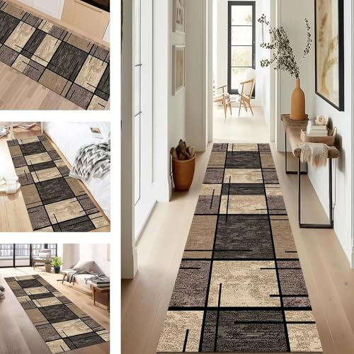 Teppich Läufer Flur Diele Küche Rutschfest Waschbar Dauerhaft 90X300CM Braun Schwarz Grau Geometrisch Teppichläufer für Wohnzimmer Korridor Schlafzimmer Büro Esszimmer Flurläufer Anpassbar Meterware von SUCERU