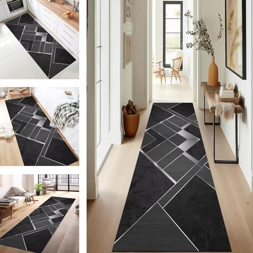 Teppich Läufer Flur Küche rutschfest waschbar Teppichläufer Lang 110X400CM Schwarz Silber Modern Design Meterware Korridor Tepiche Esszimmer Schlafzimmer Wohnzimmer Schmutzfangmatte von SUCERU