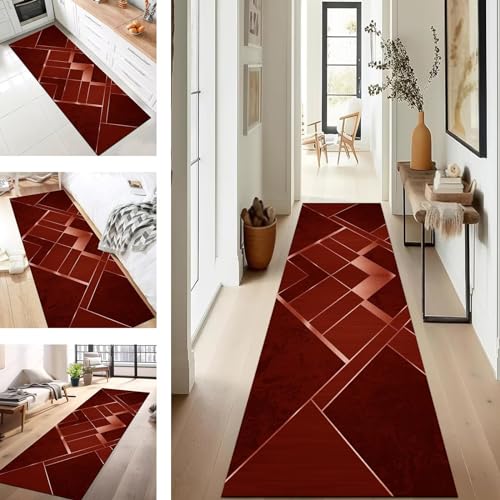 Teppich Läufer Flur Küche rutschfest waschbar Teppichläufer Lang 120X300CM Rot Silber Modern Design Meterware Korridor Tepiche Esszimmer Schlafzimmer Wohnzimmer Schmutzfangmatte von SUCERU