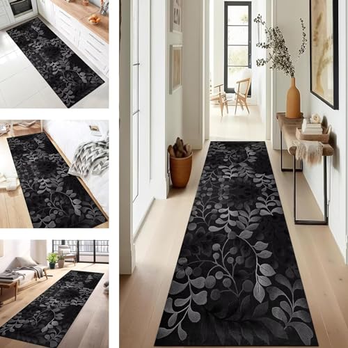 Teppich Läufer Flur Küche rutschfest waschbar Teppichläufer Lang 50X300CM Schwarz Abstrakt Modern Design Meterware Korridor Tepiche Esszimmer Schlafzimmer Wohnzimmer Schmutzfangmatte von SUCERU