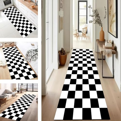 Teppich Läufer für Küche Rutschfest Waschbar 50X400CM Moderne Küchenteppich Schwarz Weiß Anpassbar Teppichläufer Meterware Korridor Teppich Schlafzimmer Fußmatten Wohnzimmer Esszimmer Flurläufer von SUCERU