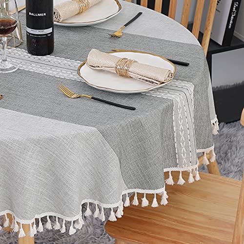 SUCHDECO Leinen Tischdecke Rund 140 cm Abwaschbar Baumwolle Tischtuch Knitterfrei Staubdicht mit Quasten Streifenstickerei für Küche, Esszimmer, Esstisch, Couchtisch, Gartentisch, Grau von SUCHDECO