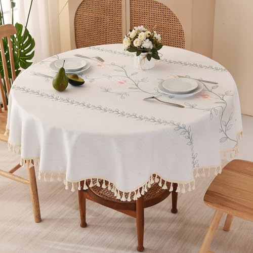 SUCHDECO Tischdecke Rund 120 cm Beige Tischdecke Leinen Baumwolle Runde Tischdecken Gartentischdecke mit Gestickte Blume für Küche, Esstisch, Couchtisch, Gartentisch von SUCHDECO