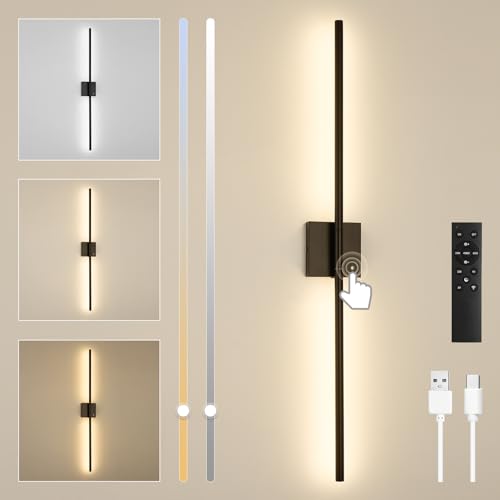 SUCIKORIO 100cm LED Wandleuchte Innen Ohne Stromanschluss, 1 Stück USB Led Wandlampe Akku Kabellos Mit Fernbedienung 3000K-6000K Dimmbar Modern 360° Drehbare Up Down Batterie Wandbeleuchtung Schwarz von SUCIKORIO