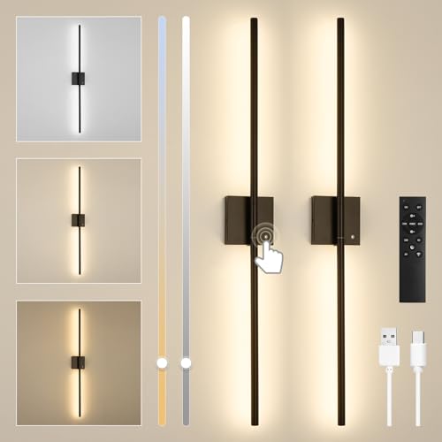 SUCIKORIO 2 Stück 100cm LED Wandleuchte Innen Ohne Stromanschluss, USB Led Wandlampe Akku Kabellos Mit Fernbedienung 3000K-6000K Dimmbar Modern 360° Drehbare Up Down Batterie Wandbeleuchtung Schwarz von SUCIKORIO