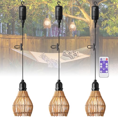 SUCIKORIO 3er Pack Hängelampe Outdoor Akku, Boho Rattan Hängelampe mit Batterie Außen Wasserdicht Hängeleuchte Mit Fernbedienung Dimmbar Pendelleuchte ohne Strom für Zelt, Camping, Garten, Dekorative von SUCIKORIO