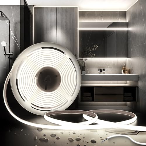 SUCIKORIO COB LED Streifen 5m, Silikon Wasserdicht Feuerfest IP65 Led Strip Selbstklebend Weiß 6000K 10mm Led Lichterkette Außen 24V Flexibler DIY Lichtband Ohne Netzteil für Badezimme, Küche von SUCIKORIO