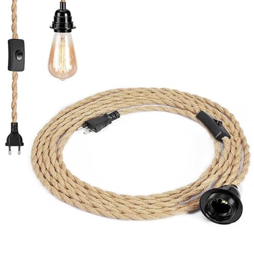 SUCIKORIO Hanfseil Pendelleuchte Kit mit Schalter Vintage Lampenfassung E27 Mit Kabel Hoehenverstellbar 450cm DIY Retro Hängelampe Lampenkabel Ohne Glühbirne von SUCIKORIO