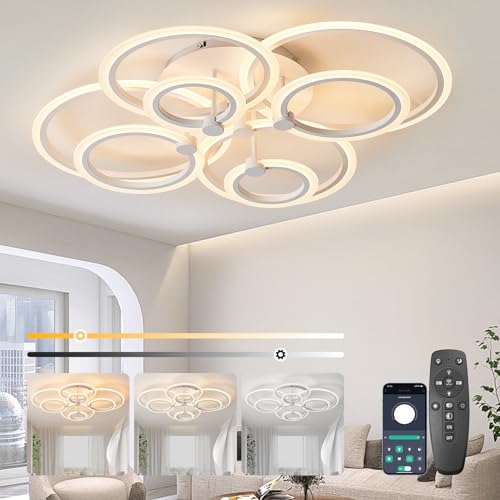 SUCIKORIO LED Deckenleuchte Dimmbar mit Fernbedienung, Modern LED Deckenlampe 8 Rund Wohnzimmer 90W Wohnzimmerlampe 2700K-6500K Schlafzimmerlampe Decke mit APP für Schlafzimmer, Küche, Badezimmer,Flur von SUCIKORIO